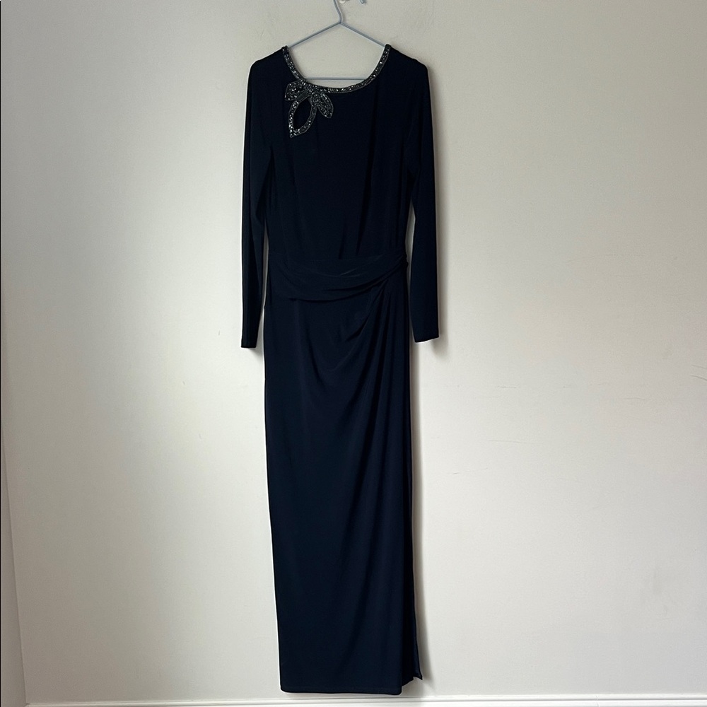 Ralph Lauren Evening Dress Gown Sz 8 Navy Blue Beaded Neckline Party Wedding ®️